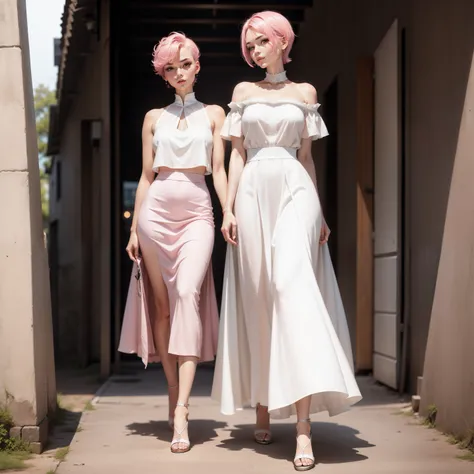 pink short hair，s delicate face，Straight facial features，A shallow smile，sideface，Fair skin，slimfigure，a white long skirt，Black heels，simple backgound