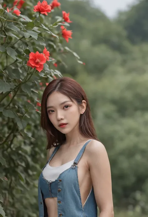 Motion picture film stills (Raw photo:1.3) in the (ultla realistic:1.3) One Girl、bblurry、blurry backround、croptop、denim、Denim shorts、florals、flower in hair、hair adornments、s lips、length hair、see the beholder、hason、a navel、Photorealsitic、realisitic、Red flow...