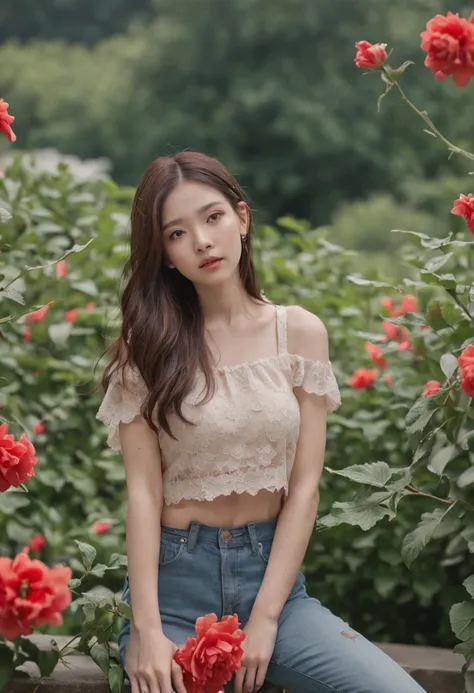 Motion picture film stills (Raw photo:1.3) in the (ultla realistic:1.3) One Girl、bblurry、blurry backround、croptop、denim、Denim shorts、florals、flower in hair、hair adornments、s lips、length hair、see the beholder、hason、a navel、Photorealsitic、realisitic、Red flow...