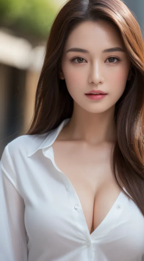 ((Best quality, 8k, Masterpiece :1.3)), Sharp focus :1.2, A pretty woman with perfect figure :1.4, Slender abs :1.2, ((Dark brown hair, Big breasts :1.2)), (White button up long shirt :1.2), ((show cleavage with bra:1)),City street:1.2, Highly detailed fac...