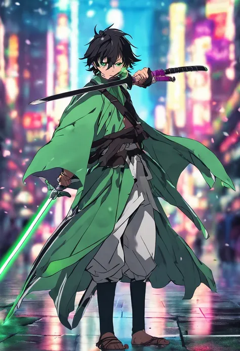 Menino anime com espada e cabelo verde segurando uma espada, estilo de arte demon slayer, glowing green soul blade, katana zero, Anime Wallaper, Directed by: Jin Homura, estilo anime 4K, empunhando kunai, Melhor Anime 4K Konachan Wallpaper, she is holding ...