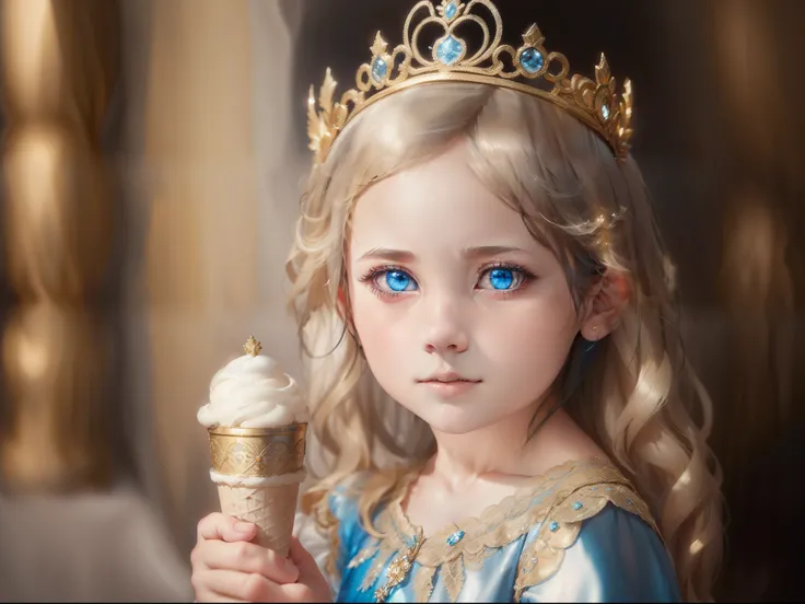 A little girl of 6 years old，blue color eyes，golden hair，Wearing a Princess Elsa dress，Eat ice cream，The face is delicate and richly detailed，Multi-layered light and shadow，softlighting，2k