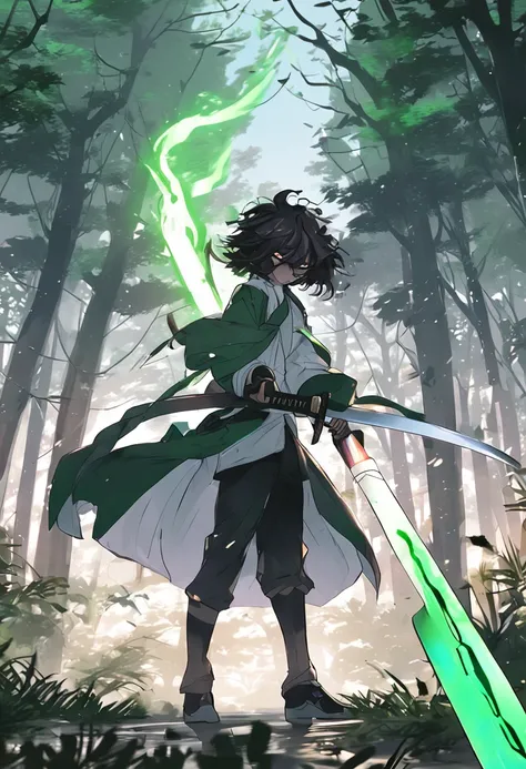 Menino anime com espada e cabelo verde segurando uma espada, um desenho de anime por Jin Homura, Pixiv, Shin Hanga, estilo de arte demon slayer, glowing green soul blade, katana zero, Anime Wallaper, estilo anime 4K, empunhando kunai, she is holding a kata...