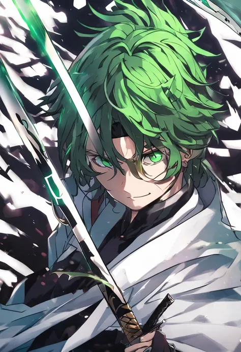 Menino anime com espada e cabelo verde segurando uma espada, um desenho de anime por Jin Homura, Pixiv, Shin Hanga, estilo de arte demon slayer, glowing green soul blade, katana zero, Anime Wallaper, estilo anime 4K, empunhando kunai, she is holding a kata...