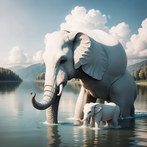 Lake with two white elephant