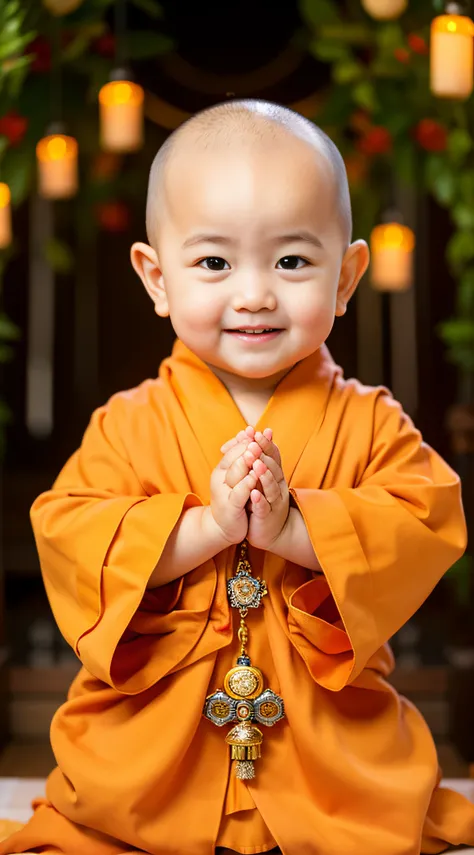 A little monk with a toddler，had his hands folded，sit with legs crossed，Orange monk robe，Perfect facial features，face to the viewer，with black background