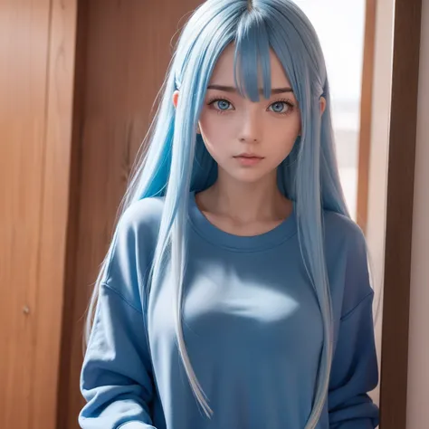 Long fleshy blue hair，Loose and simple sweatshirt，It looks small and cute，But the breasts are large and full