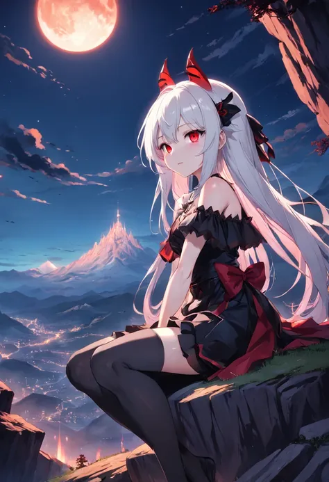 Anime girl with white hair and black stockings sitting on top of a mountain, demon anime girl, Vampires, gothic maiden anime girl，Black night sky，Huge red sun，Magical fantasy，