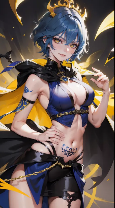 adult woman, short blue hair, yellow eyes, tattoo, dark magic dress, sleeveless, open belly, open breasts, cloak, smirk, Masterpiece, hiquality