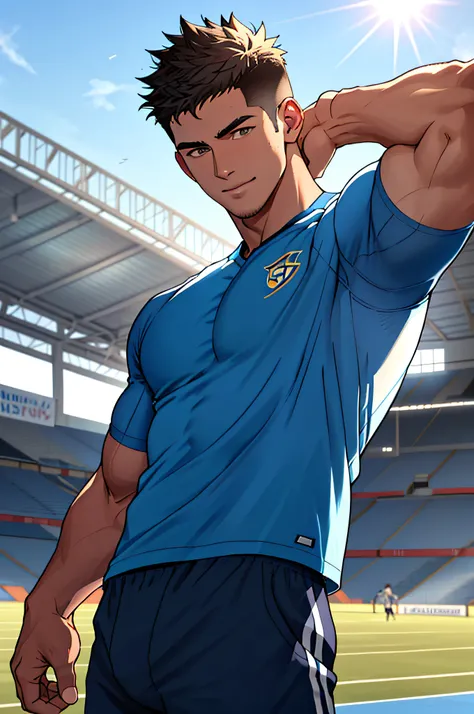 Draw a full-fledged athlete，Stand on the central field of the gym，He wears high-end sportswear，The man looks confident and determined，rays of sunshine，cheerful big breasts，Handsome，Crew cut，full bodyesbian，shooting from below，