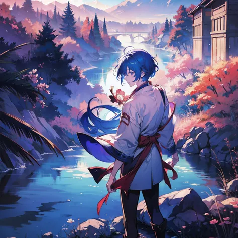 Anime boys，stands aside the river，There was a child in the river who fell into the water，Anime moe art style, Anime art wallpaper 8 K, young anime man, High quality anime art style, style of anime4 K, 2 d anime style, Anime art wallpaper 4k, Anime art wall...