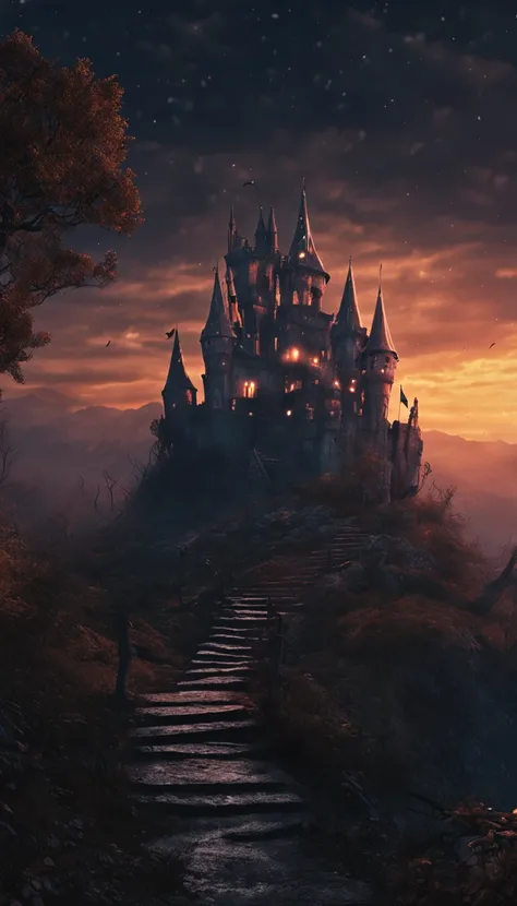 In the mysterious forest in the middle of the night、twisted trees々A suspicious forest with many、There is a castle on a hill in the distance、Dark castle setting, Dark fantasy landscape, dark fantasy vibe, dark fantasy environment, Dark fantasy setting, Scar...