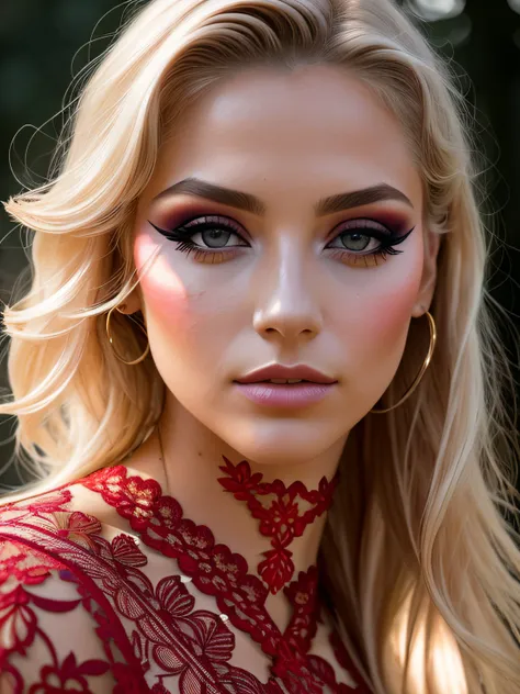 a portrait of a blonde, (makeup:1.4), amazing body, (fit body:1.2), red-lace outfit, highly detailed hair, natural skin texture, 4k textures, detailed belly, highly detailed perfect smooth skin, lightroom, intricate, ultra-realistic, outside, (hdr:1.3), uh...