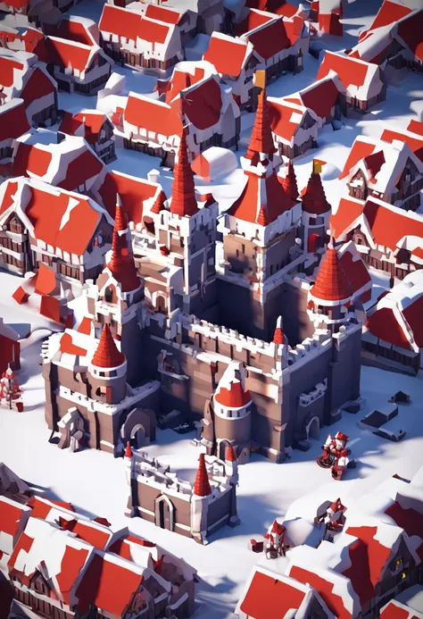 nevando，Castle，borgar，red roofs，snow cover，Detailed character scenes，Voxel artHigh quality voxel artVideo gameDigital art building block style