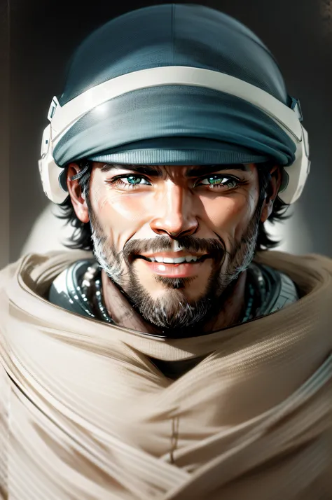 homem bonito com barba sorrindo, com jaleco branco, fundo da imagem branco, imagem 8k