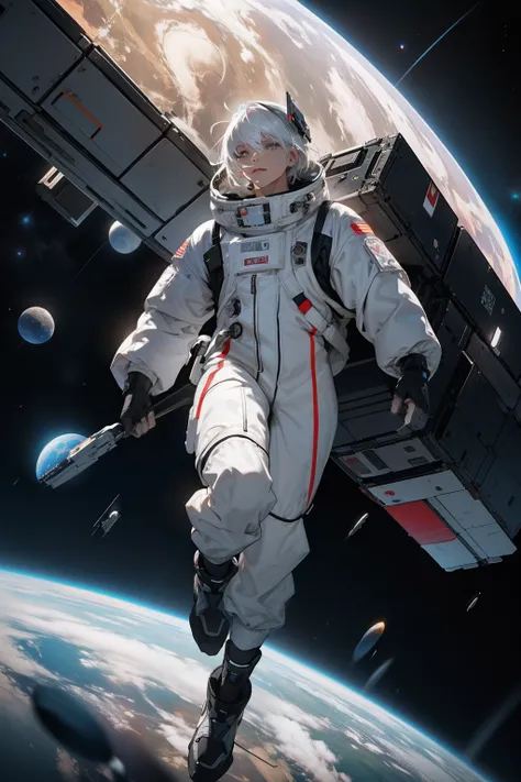 A white-haired beauty in a black spacesuit is floating in outer space　Multiple planets floating　Gray hair shortcut　Multiple spaceships floating　The Earth is reflected