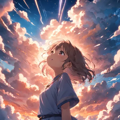 masterpiece, best quality, movie still, 1girl, cloud girl, floating in the sky, close-up, bright, happy, warm soft lighting, sunset, (sparks:0.7)