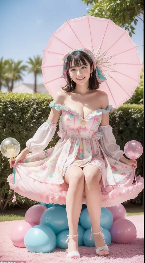 Fashion: Dress up in a colorful ensemble reminiscent of candy wrappers, Bright pastel colors and playful accessories cleavage、huge tit、sixteen years old. 2. Pose: Pose whimsically while holding a giant lollipop, Show off a carefree and fun attitude. 3. Bac...