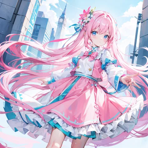 Long hair with light pink and white，Blue, White and pink clothes，She is a cute and cute girl，Transfer sister，It looks very light and gentle