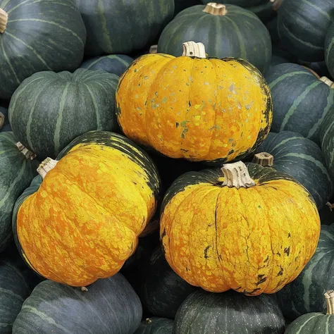 There are three yellow and green pumpkins in the middle of a pile, gourds, pumpkins, gourds, pumpkins, A colorful, Beautiful black, blue, yellow, 3 4 5 3 1, black and yellow colors, vibrant with colors, fall, Perfect quality，Clear focus（Clutter - home：0.8）...