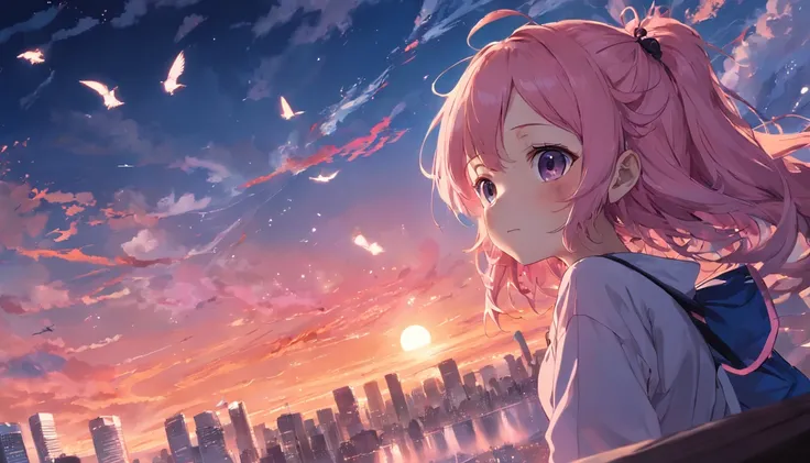 ​masterpiece、top-quality、Movie stills、1girl、Cloud Girl、floating in sky、pink shorth hair、headphones、发光、happiness、Warm soft lighting、Sunset in the city、(Spark:0.7)