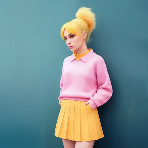 quadratic element，A yellow-haired，Two ponytails，blue color eyes，Yellow collar，yellow sweater，Short peach pink skirt