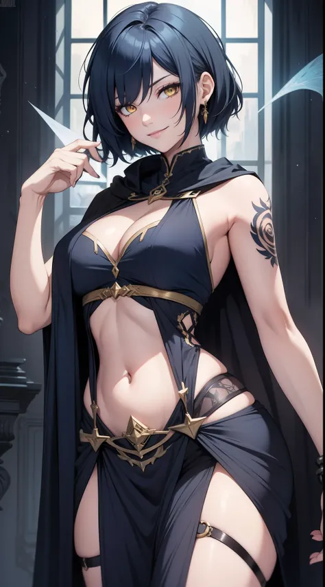 Adult woman, Short blue hair, Yellow eyes, tattoo, Dark magic dress, Sleeveless, open belly, open breasts, cloak, smirk, Masterpiece, hiquality