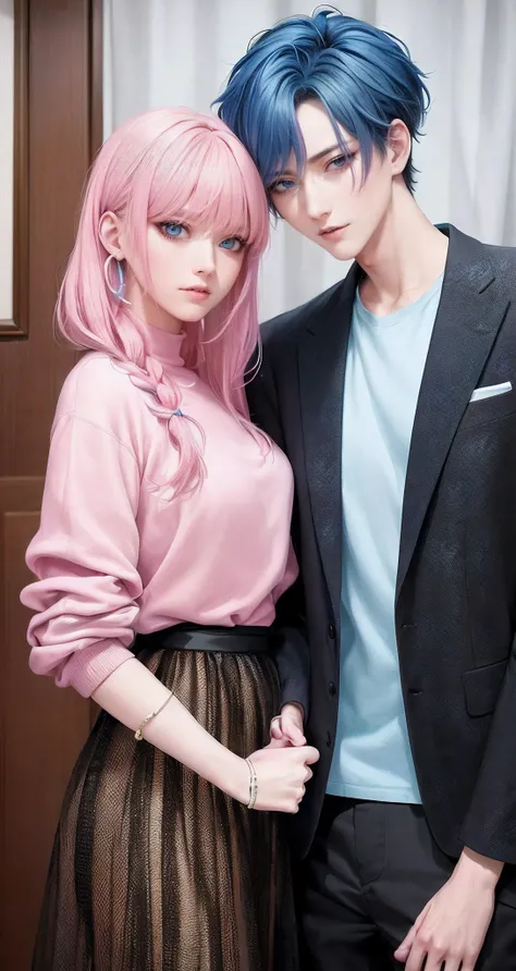 ((Male and female couples)), window, Idol Photos, Magazine covers, Photos of actors, Professional Photos, Height difference, tall male, Happiness, youthfulness, extra detailed face, detailed punk hair, very detailed character, inspired by Sim Sa-jeong, Cai...