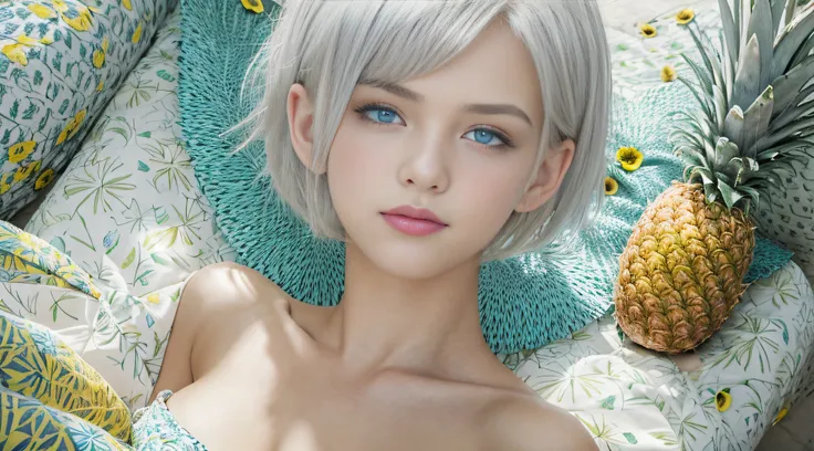 Ultra photo realsisim, Ultra detailed, Beautiful girl , Silver short bob hair,smallunderboob, Blue eyes, Teenage,Summer, On the bed there are pineapple petals,From below