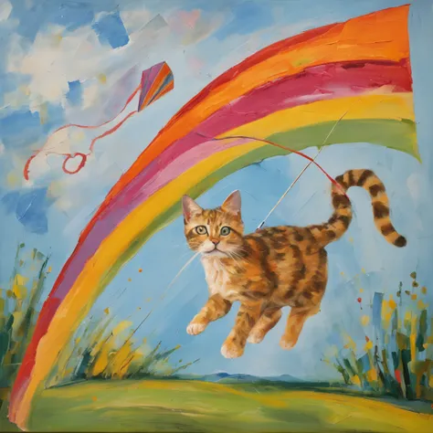 Kitty cat flying kite running on blue sky background