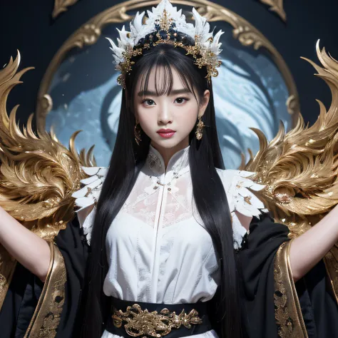 32K（tmasterpiece，k hd，hyper HD，32K）flowing long black hair，Tongzhou maid ，Black and White Dragon Protector （realisticlying：1.4），White python pattern battle robe，Ink headdress，Snowflakes fluttering，The background is pure，Hold your head high，Be proud，The nos...