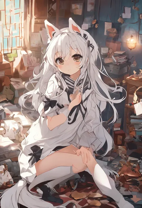 Animal ear loli white long hair over lacquered socks full body photo