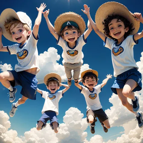 A group of boys between the ages of 6 and 12 wearing visor hats, Jump in high air and raise your hands up. They are happy and full of strength and strength.