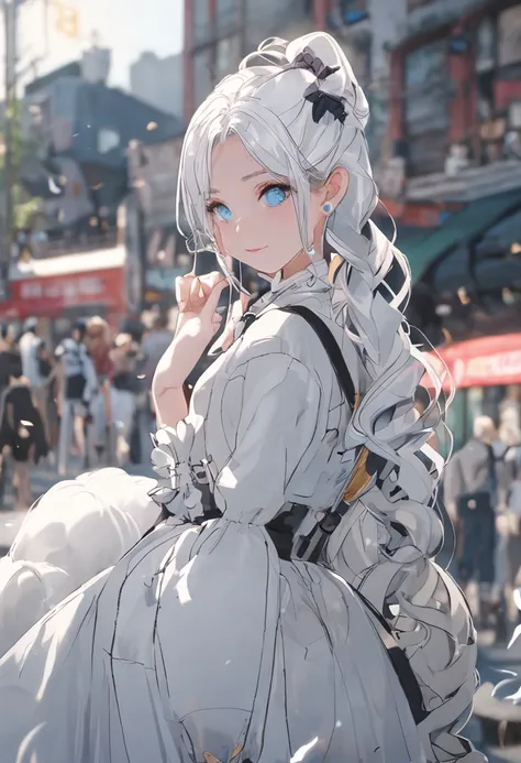 White color hair，Double ponytail curls，blue color eyes，White Lolita，Beth，A bustling city street