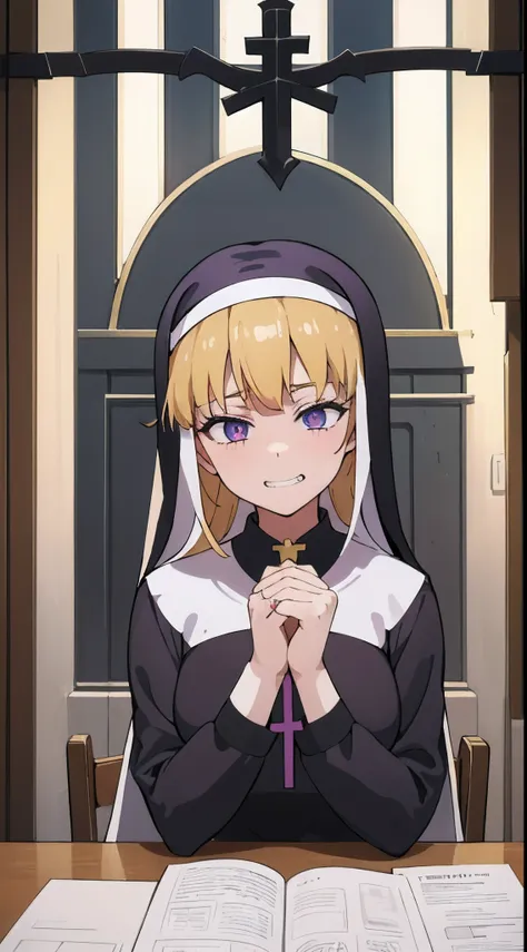 (one teenage nun girl) purple nun robe with a golden cross around her neck. cyan eyes. blonde woman, a plump body. sweet calm fa...