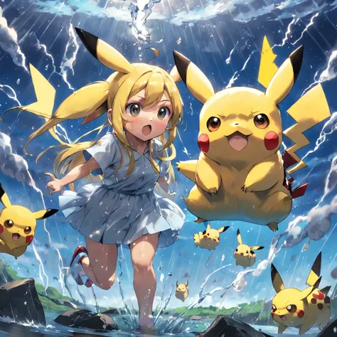 Pikachu and Jeni turtle playing in the water，Electric shock。The sky is clear，A rain cloud was above them。There are a lot of butterflies around。