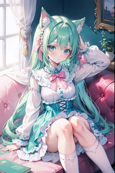 Green hair，Cat ears，Blue eyes，pink Lolita，White  socks，blue bow，inside in room，sitting in the couch，liveroom