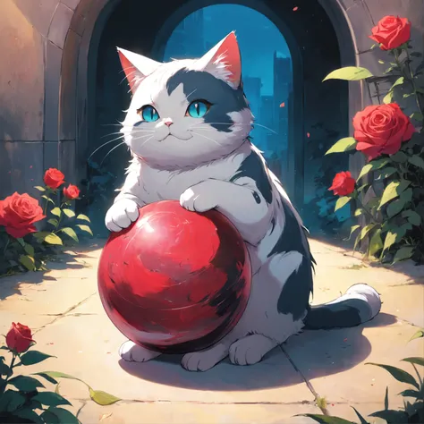 Round cat, Like a sphere, Holding a rose, Color Field painting, character chart