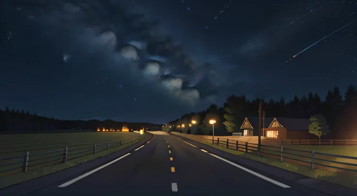 Country road, starry sky and elementary school students