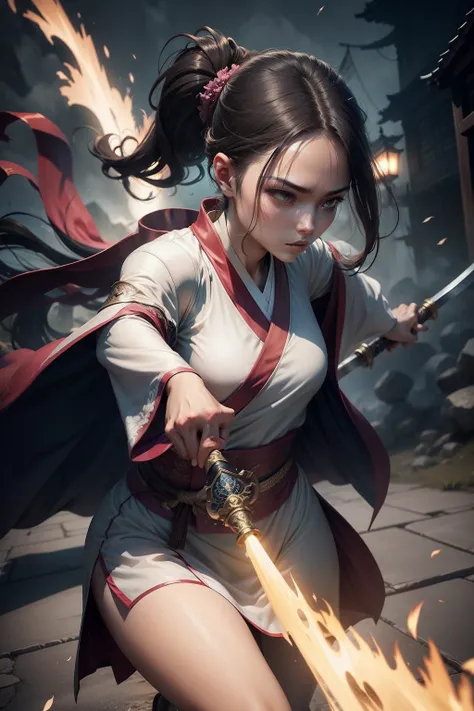 Female swordsman，Taoist robes，light wind，Fighting，sprint，Fight zombies