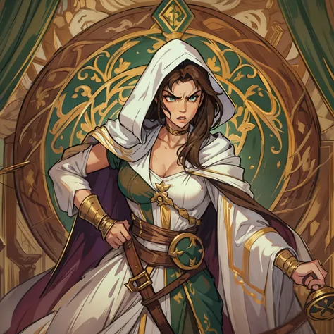 A beautiful sexy woman with green eyes and brown hair is a sorceress Wizard dressed in white and gold robes Noble robes A princess of magic and an angry look ((gritando furiosa)), dramatic wooden wallpaper An art for an RPG A medieval art for an RPG  ((cab...