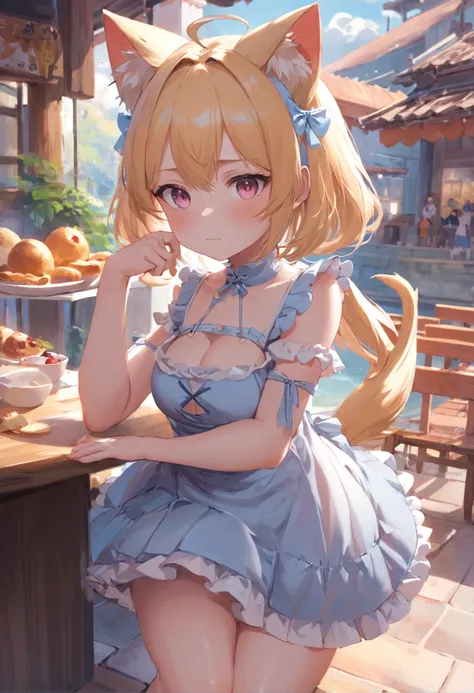 No ruffles are needed on the arms，Fique no jardim，Anime cat ear girl wearing a piece, Dressed Lori having breakfast, small curvy loli, Arte no estilo de Guweiz, Guweiz em Pixiv ArtStation, Guweiz em ArtStation Pixiv, Guweiz, menina pequena loli, Soft anime...