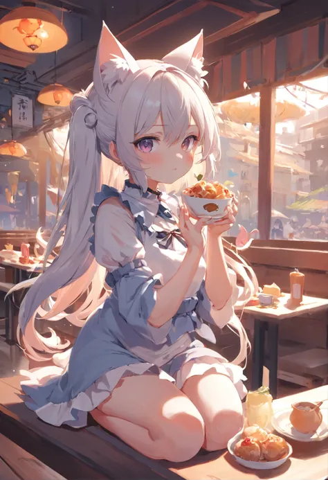 No ruffles are needed on the arms，Fique no jardim，Anime cat ear girl wearing a piece, Dressed Lori having breakfast, small curvy loli, Arte no estilo de Guweiz, Guweiz em Pixiv ArtStation, Guweiz em ArtStation Pixiv, Guweiz, menina pequena loli, Soft anime...