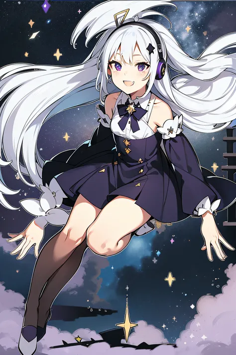 Under the dark starry sky，Falling notes in the sky，Maiden on the roof，Pure white hair，Purple eye，Star pupils，Loose hair，Purple headphones，Notes and star hairpins，Smug，Smile，with her mouth open，Show cute fangs