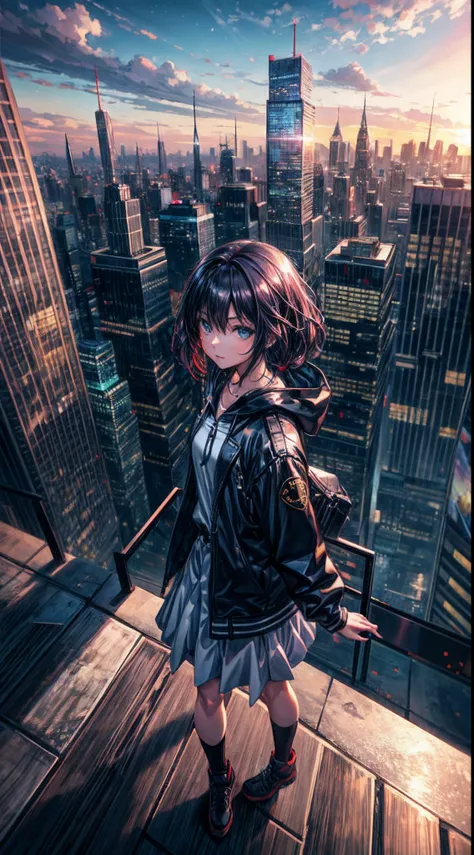 Anime girl looking at big city landscape from a height,Near Future City、 makoto shinkai cyril rolando, anime art wallpaper 4k, anime art wallpaper 4k, Anime art wallpaper 8k, inspired by Cyril Rolando, in the style dan mumford artwork, amazing wallpapers, ...