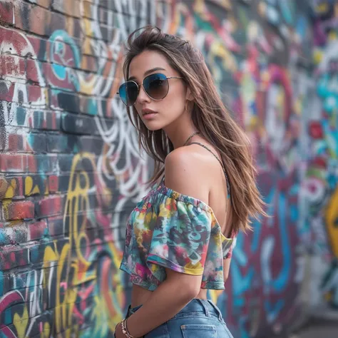 ((Sunglasses)),fashion model photography, Fashion trend girls, Summer, Street style, Full body, Street graffiti wall on background，The walls are covered with English graffiti，Dream Space - S 750 - Q 2 - V 5.1