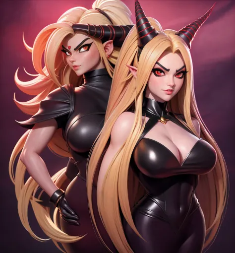 A cartoon image of a woman with a very large chest and very long blonde and black hair, Fanart officiel, Saiyan fille, official artwork, Broly, Version SFW, pose intimidante, symmetry!! portrait of akuma, a queue, Crocs, dans le style anime, Personnage de ...