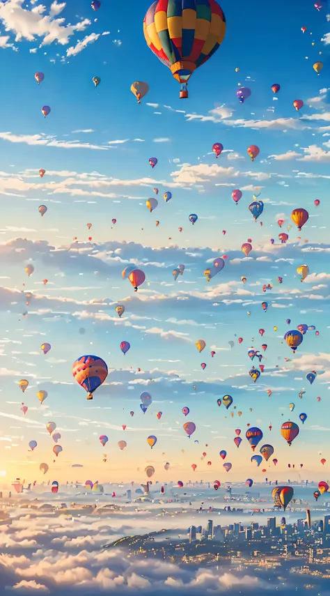 ((🎈 City in the Sky composed of hot air balloons)), artwork-quality quality, particle rendering, ({vivid} high saturation), ({floating} suspended), ({water} water surface) scenes, under ({🌈 ☀️ 🔮 sunlight} sunlight), (🌊 🌫️{fog} fog) surrounded by extremely ...