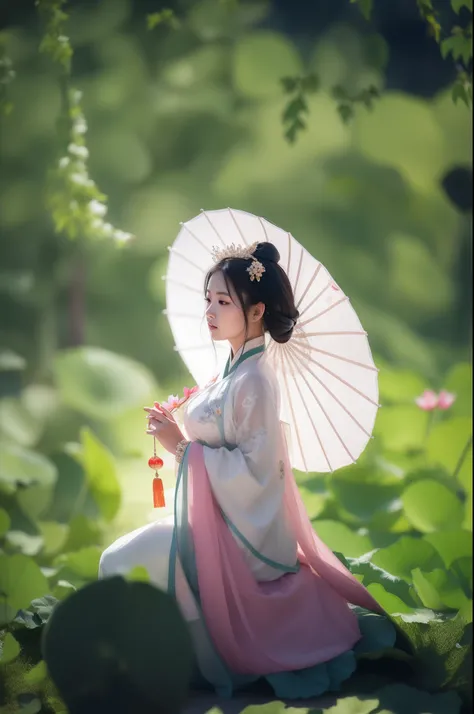 There was a woman sitting on the ground，Holding a flower in hand, Palace ， A girl in Hanfu, White Hanfu, Hanfu, Ethereal beauty, Wearing ancient Chinese clothes, Princesa chinesa antiga, Chinese girl, Traditional Chinese clothing, Inspired by Lan Ying, ele...