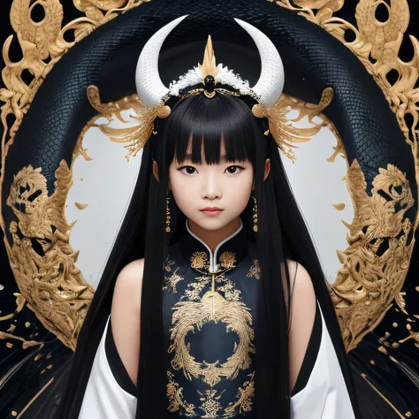 32k（tmasterpiece，k hd，hyper hd，32k）flowing long black hair，tongzhou maid ，black and white dragon protector （realisticlying：1.4），...